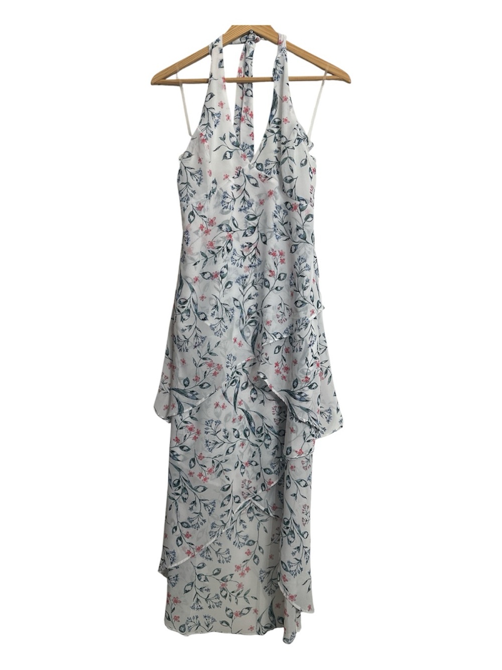 Avec Les Filles White Floral Halter Ruffle Maxi Dress Size 2 V Neck Summer Flowy